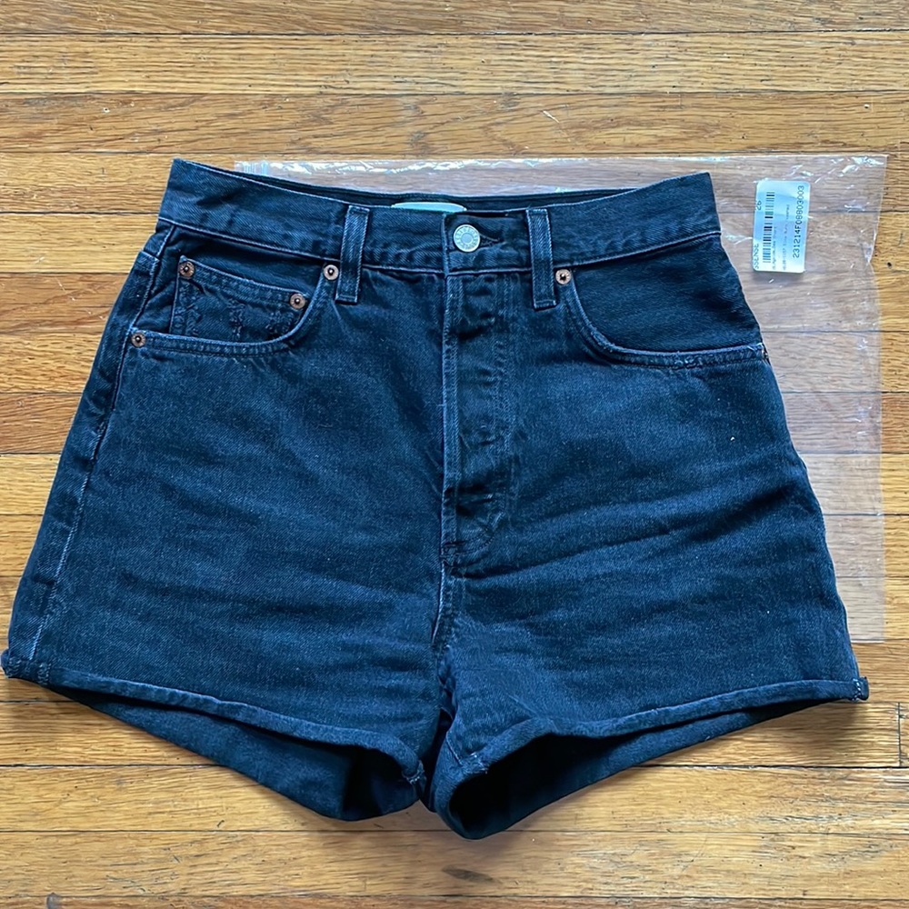 Agolde The Dee high rise rolled hem black denim shorts size 26 slow burn